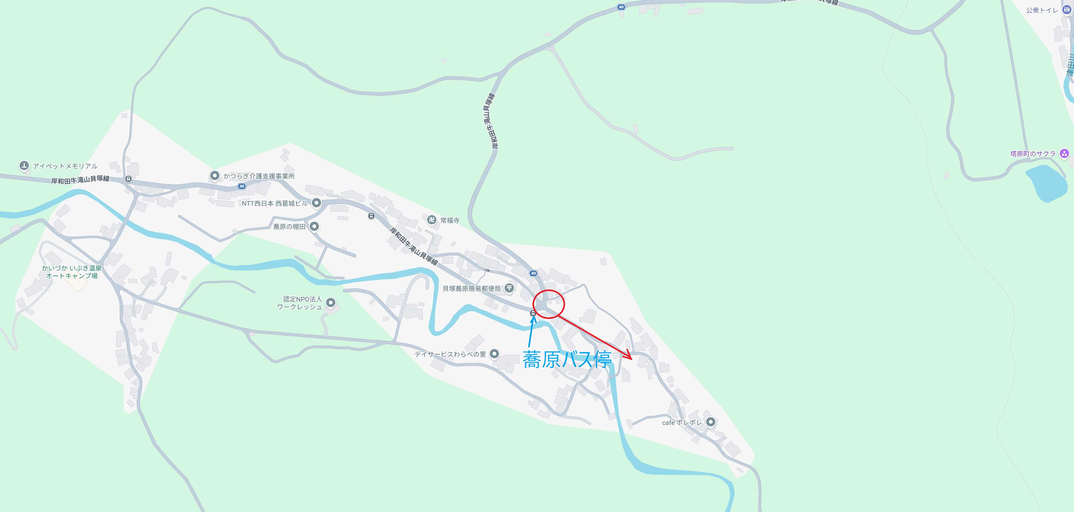 蕎原バス停付近の入口を示した地図